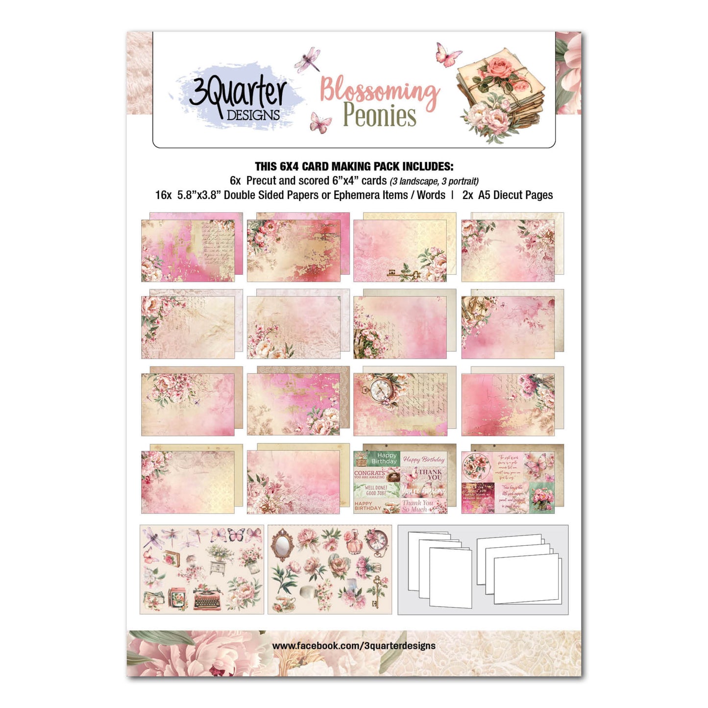 3Quarter Designs - Blossoming Peonies - 6x4 Card Pack