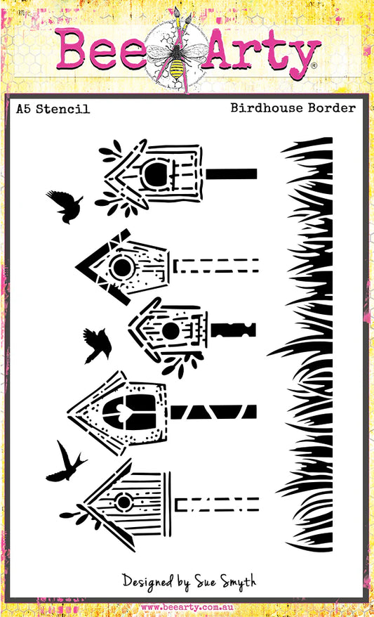 Bee Arty - Garden Meadows - Birdhouse Border - A5 Stencil - By Sue Smyth