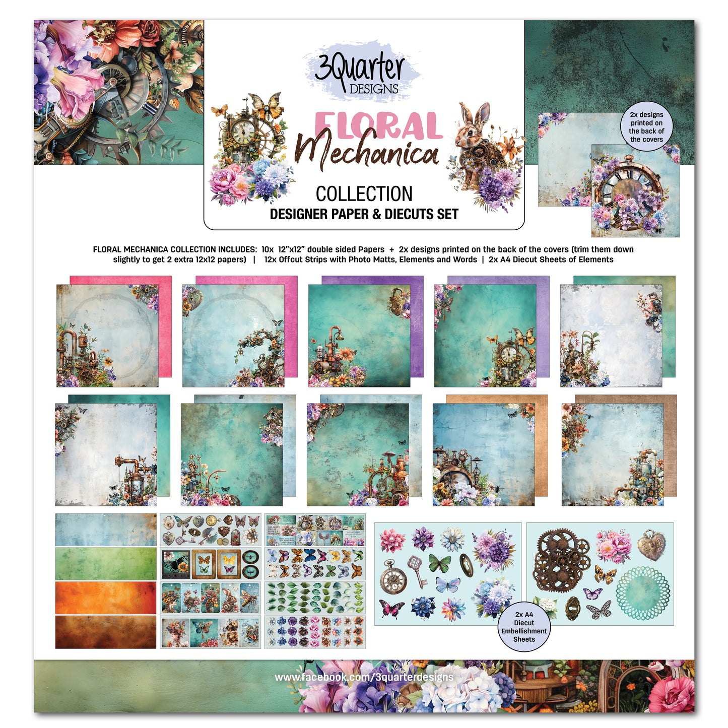 3Quarters Designs - Floral Mechanica Collection - 12"x12" Pack